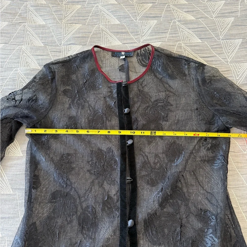 Sue Wong Nocturne Vintage 90s Black Lace Cardigan Jacket Coat Velvet Trim Sz M - Picture 10 of 13